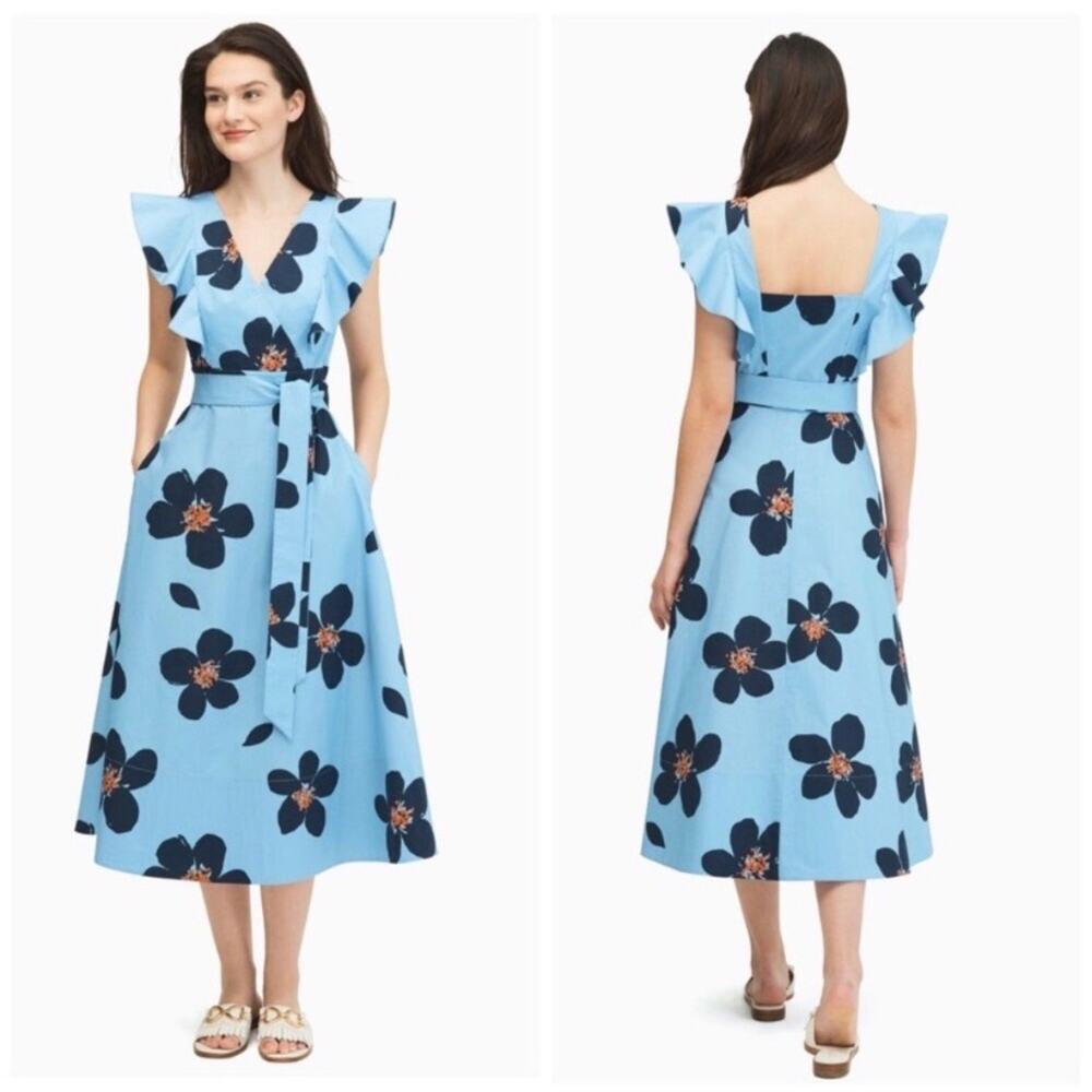 NWT Kate Spade Grand Flora Poplin Midi Dress Blueheron Floral - Size: 4